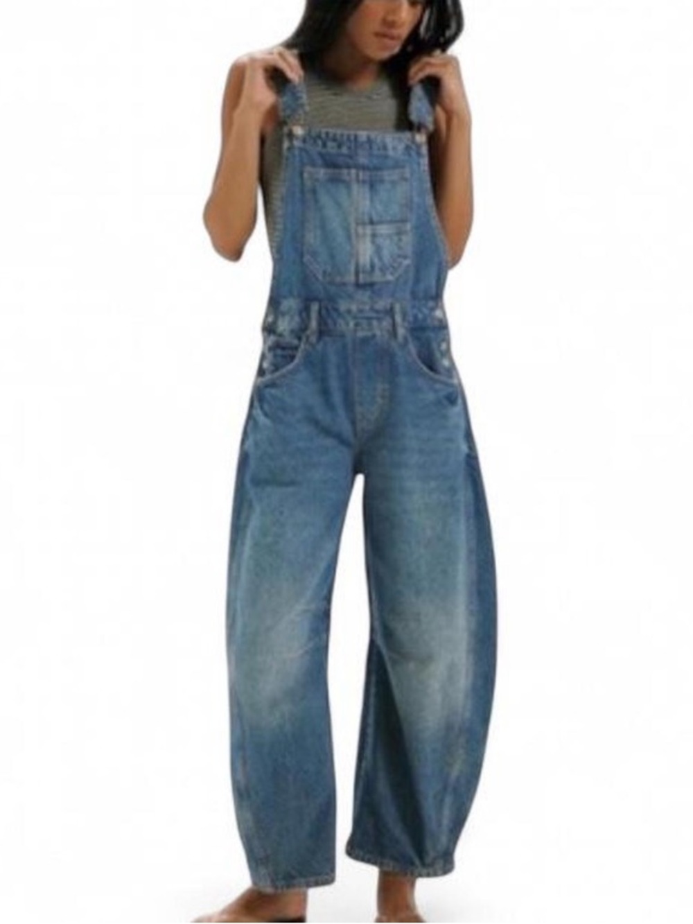 Free People We The Free Good Luck Barrel Overalls NWT XL Blue Denim Wide Leg